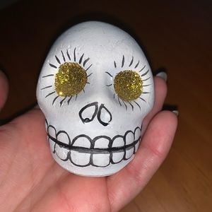 Ceramic Hand-Painted Skull Figurine gold glitter eyes